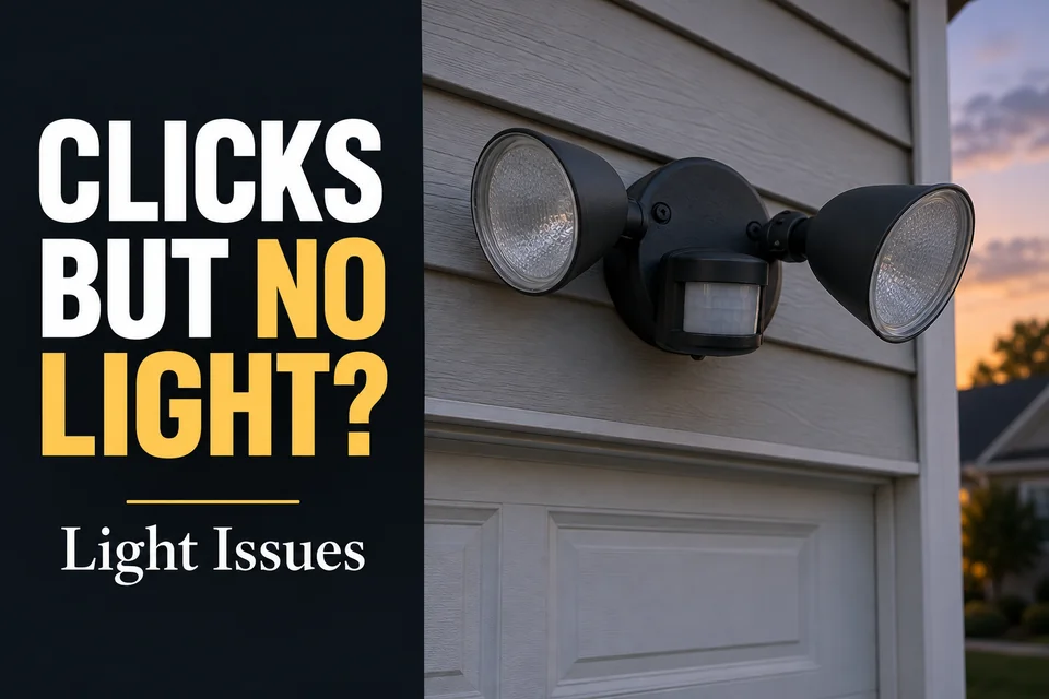 Outdoor motion security light with unlit lamp heads above a residential garage entrance at dusk.