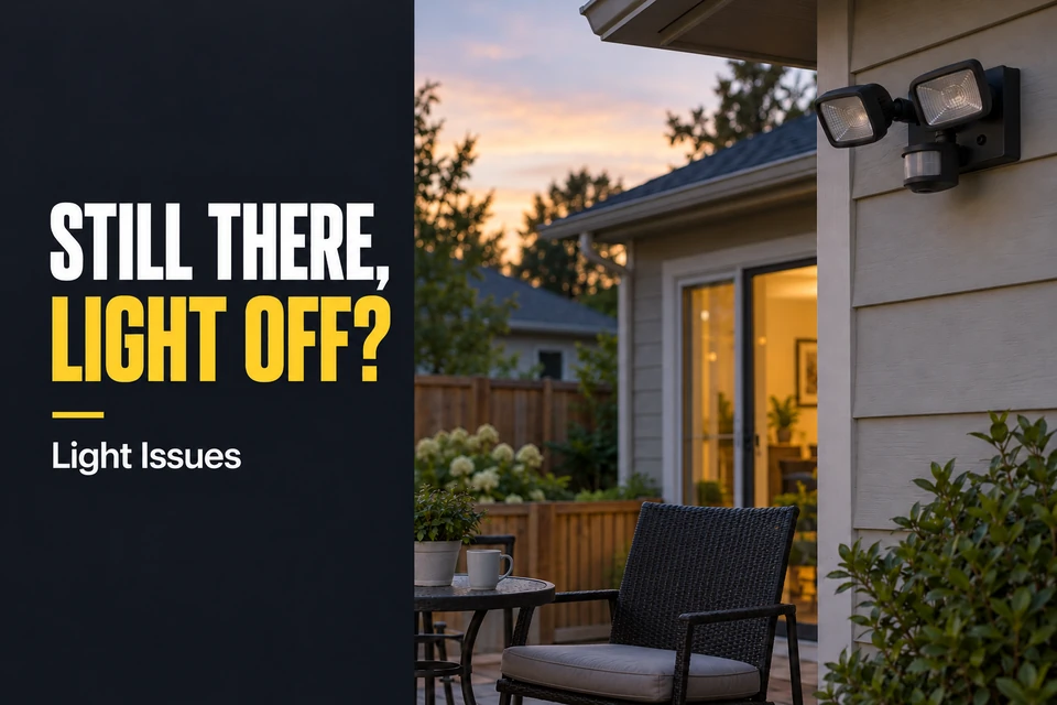 Unlit outdoor motion sensor light above a residential seating area where an adult remains at a small table.
