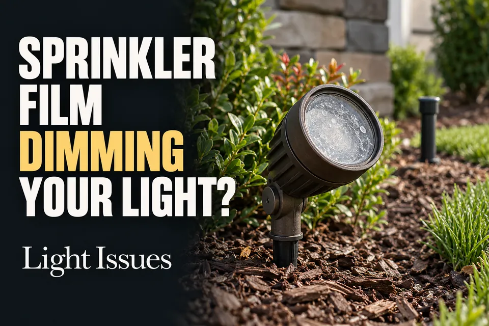 Dried sprinkler spots covering the glass lens of an outdoor landscape light beside a planting bed.