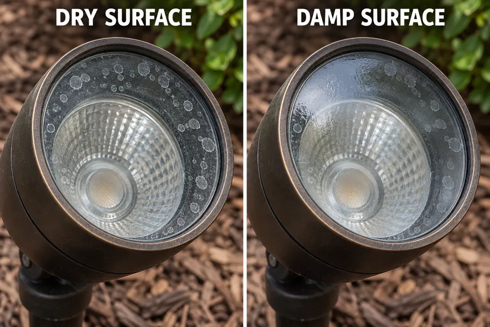 The same spotted outdoor light lens viewed dry and lightly damp, with marks less apparent on the damp surface.