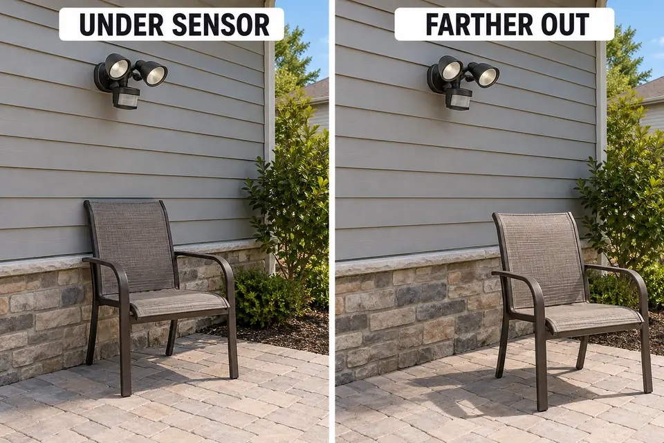 Comparison of an adult standing beneath a wall-mounted motion sensor and farther out from the same wall.