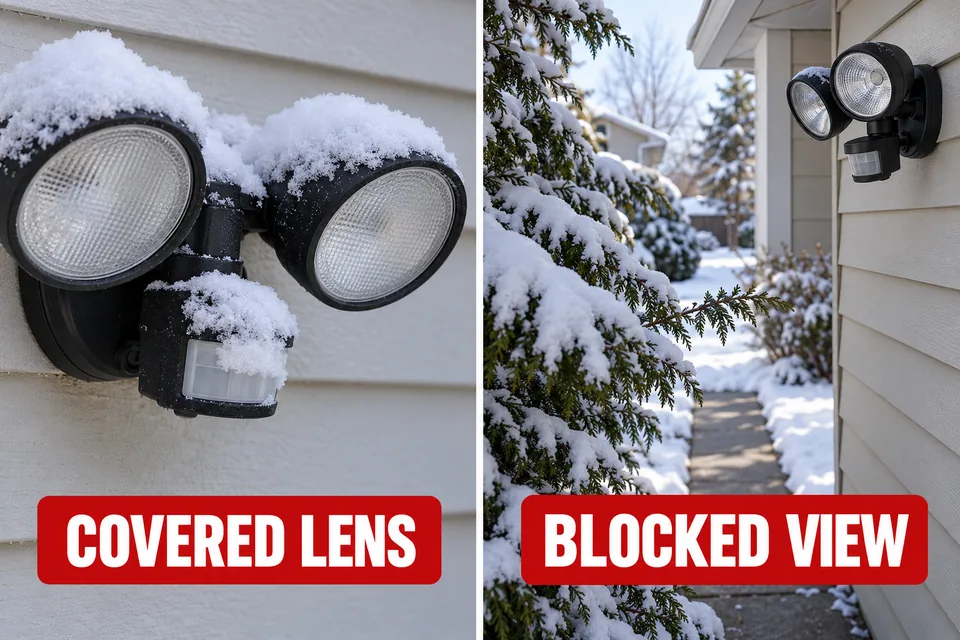 Snow partly covering one PIR sensor lens and snow-laden branches obstructing another sensor’s view of a walkway.