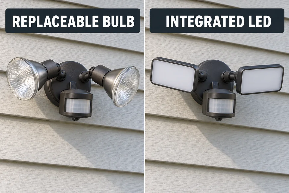 Outdoor motion fixtures with installed replaceable flood bulbs on the left and sealed integrated LED heads on the right.