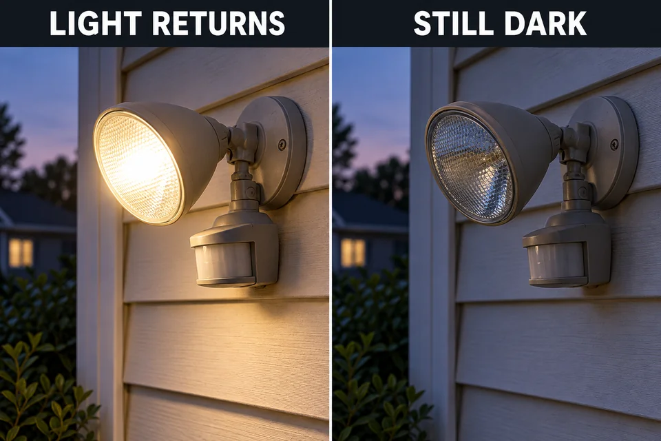 Alternative lamp-check results showing an illuminated outdoor motion light and a matching fixture that remains dark.