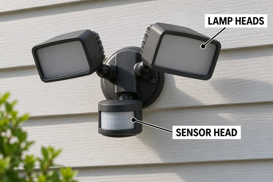 Separate PIR sensor head and lamp heads identified on a closed outdoor motion floodlight.