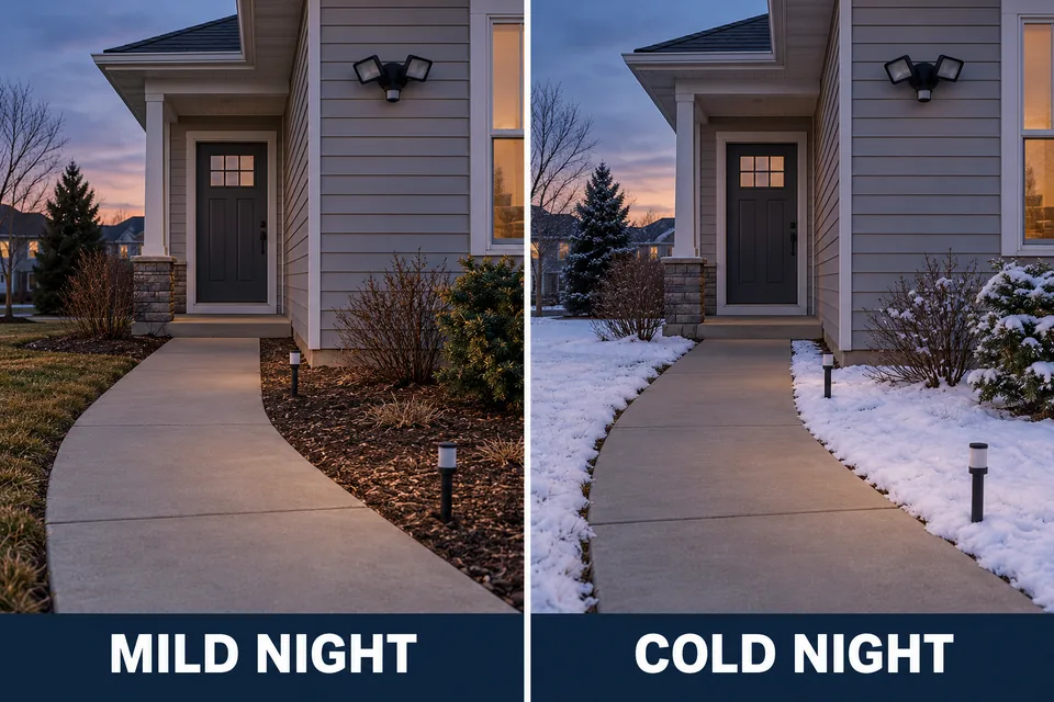 The same walkway and reference markers prepared for motion-light checks on mild and cold nights.