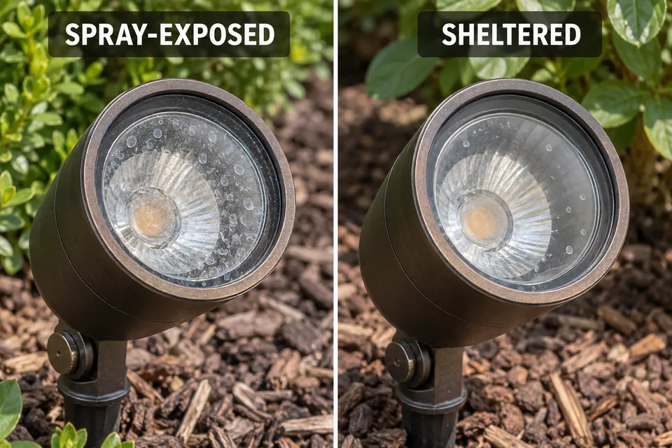 Matching outdoor light lenses with more exterior spotting in a spray-exposed position and fewer marks in a sheltered position.
